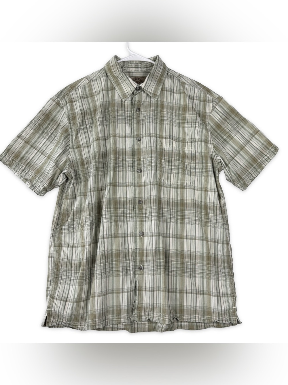 GH Bass & Co Earth Shirt Mens L Large Short Sleeve Green Gray Plaid Button Up